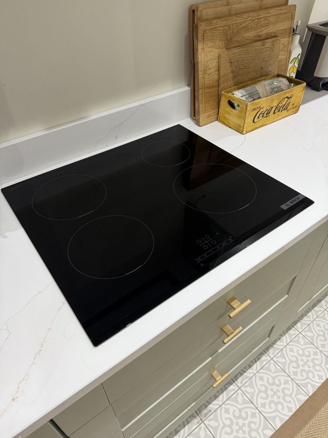 An induction hob flush-fitted into a worktop