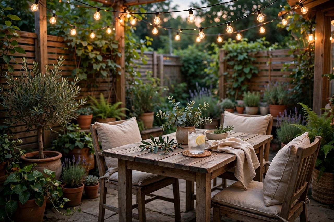 Festoon lighting over a garden patio