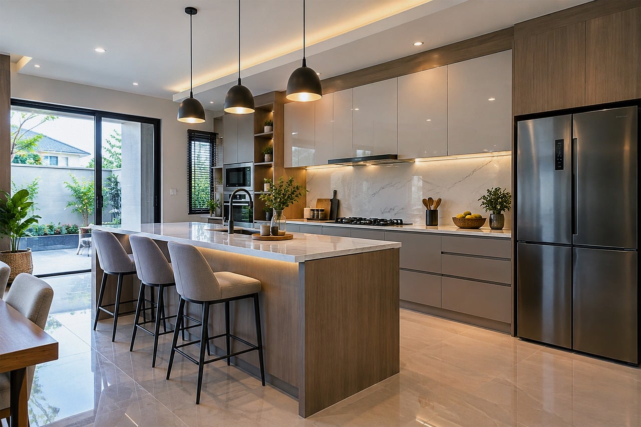 Pendant lights over a kitchen island